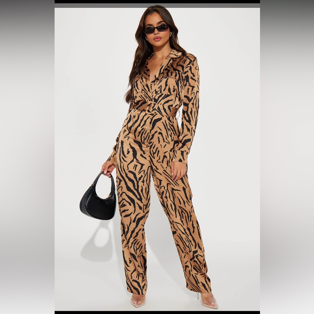Tiger- On a Safari Long Sleeve Jumpsuit- tan/black